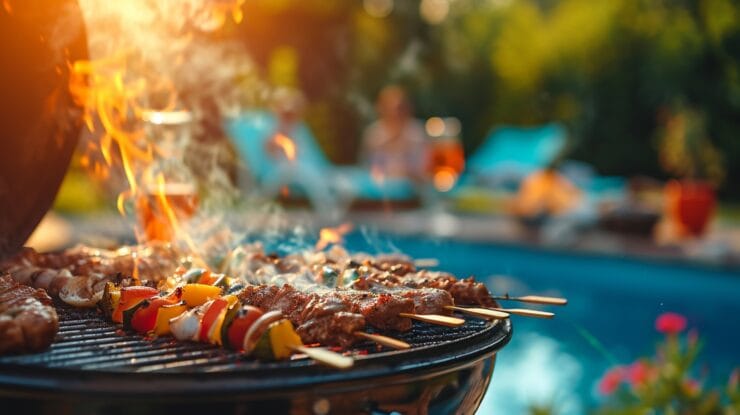 A poolside barbecue party with sizzling grills, delicious aromas, and casual summer vibes