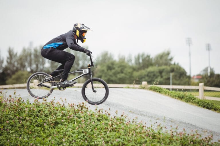 Cyclist riding BMX bike in skatepark